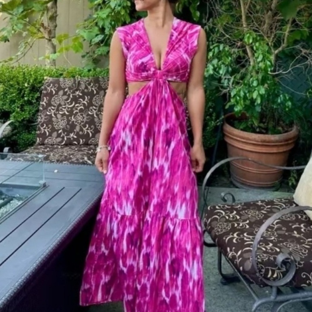 Jason Wu Pink Ikat Print Cutout Midi Dress Tiered Womens‎ Medium - Picture 2 of 11